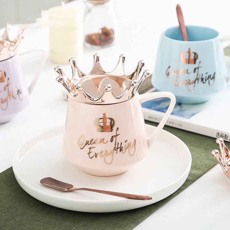 Milk Coffee Tea Mugs with Spoon Queen Crown Cartoon Theme Cups Kitchen Gift 