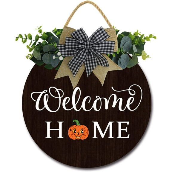 Eveokoki 12" Welcome Home Pumpkin Funny Signs for Front Door Farmhouse Porch ,Rustic Round Wooden Hanging Wreaths for Housewarming gift ，Halloween Festival Decoration Outdoor Indoor Wall Decor Black