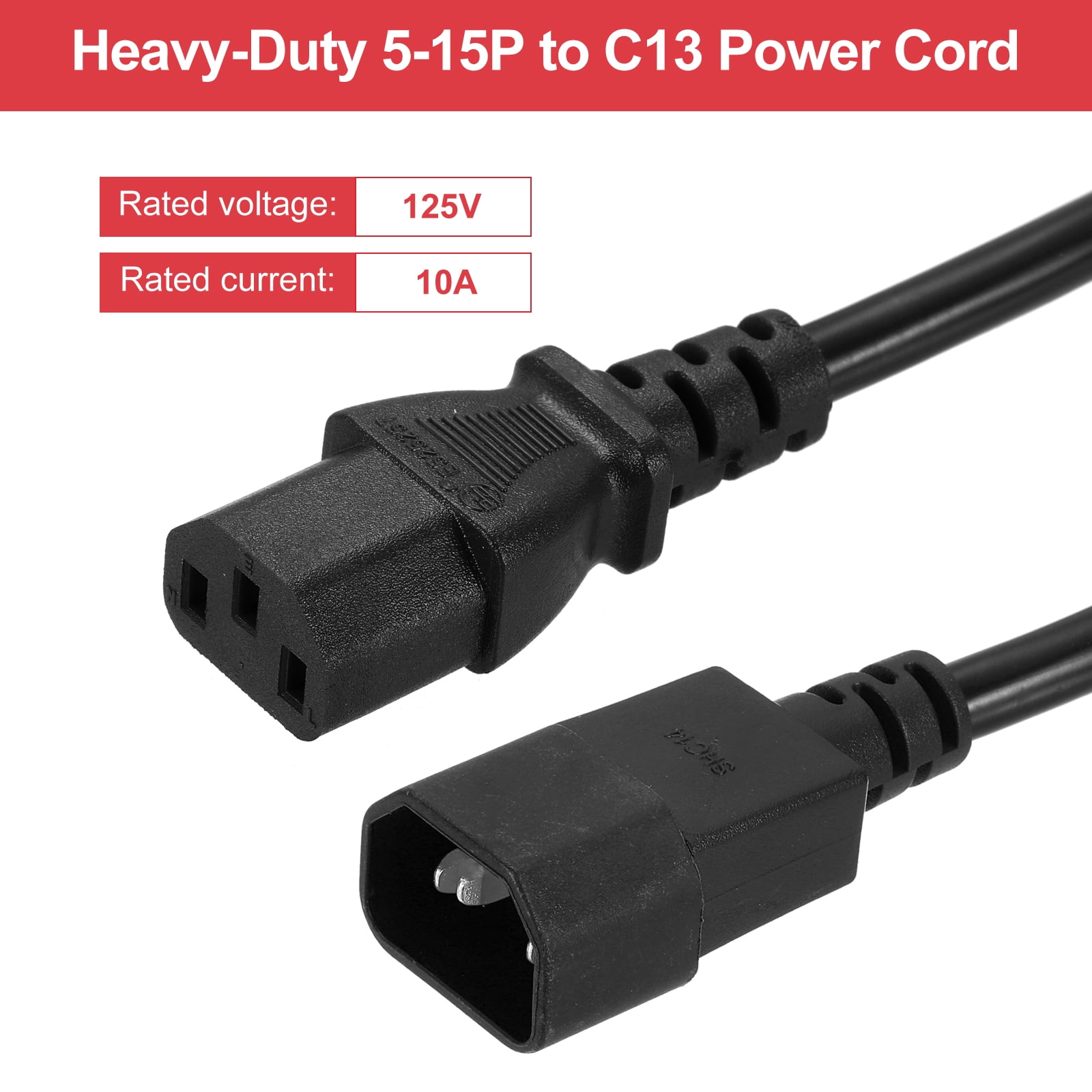 10ft 18 AWG Black 18/3 Universal Power Cord C14 to C13 10A 250V 3-Prong Extension PDU Power Cables