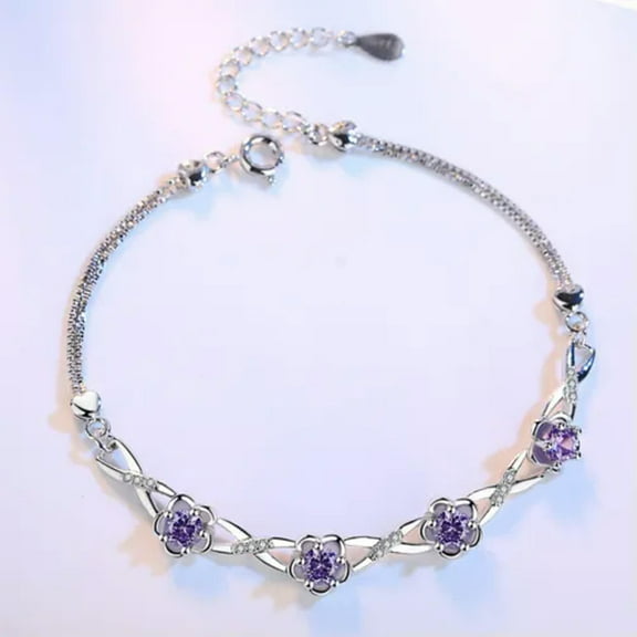 GKNET Luxury Women's Zicron Rose 925 Sterling Silver Heart Bracelets Chain-Purple-18cm