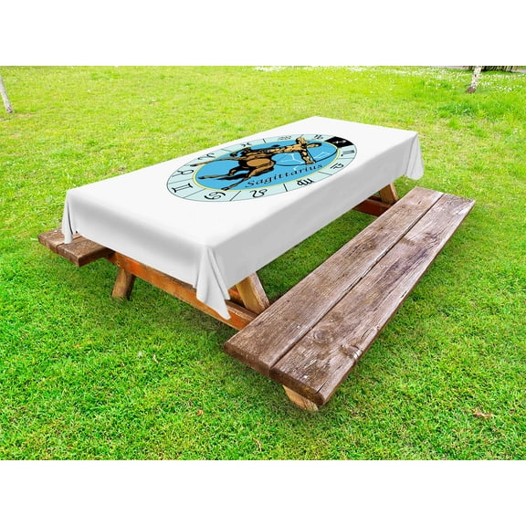 Zodiac Sagittarius Outdoor Tablecloth, Centaur Archer Shooting Arrow Mythical Greek Figure Constellation Design, Decorative Washable Fabric Picnic Tablecloth, 58 X 104 Inches, Multicolor, by Ambesonne