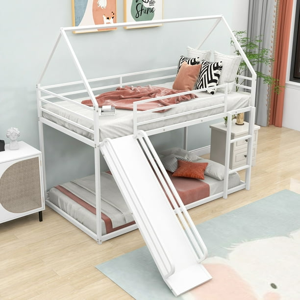 Euroco Twin over Twin House Bunk Bed with Ladder and Slide for Bedroom