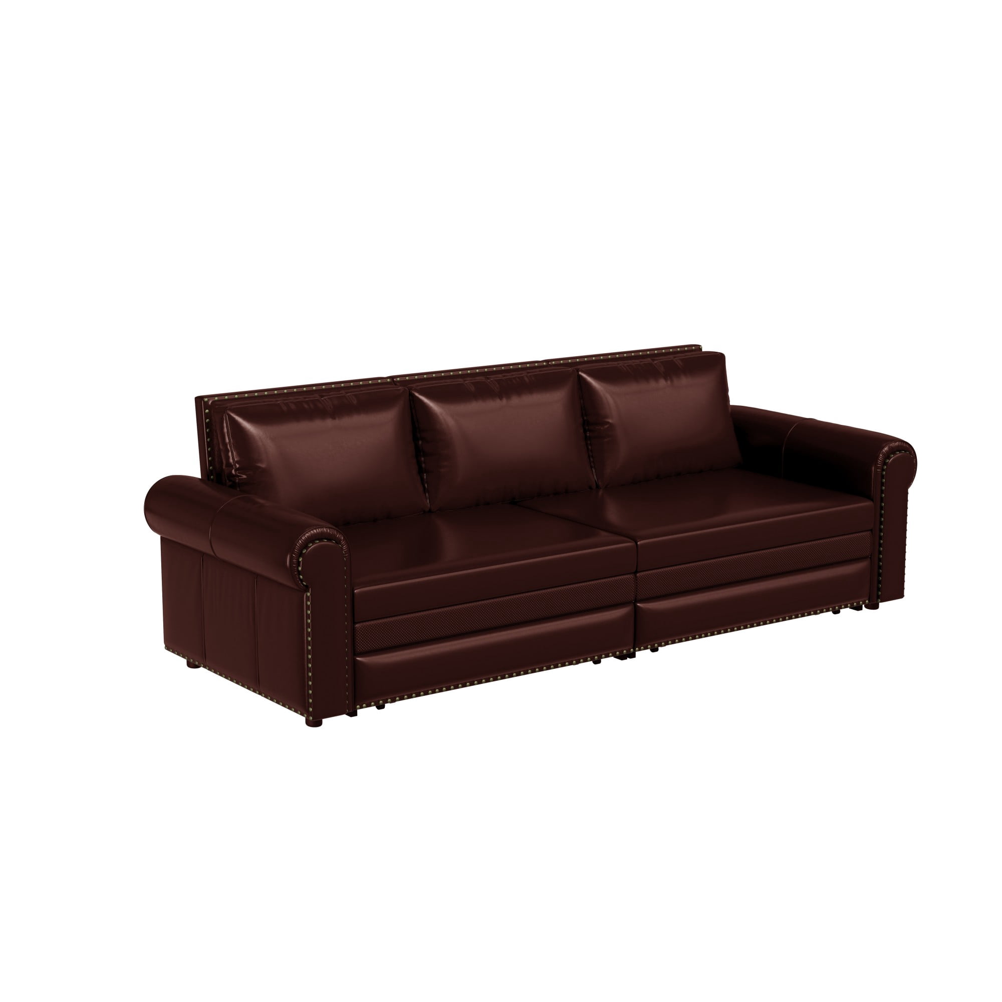 Aukfa 93.7" King Pull Out Sofa Bed, Faux Leather 3-in-1 Convertible Chesterfield Sleeper Sofa Couch with Nailhead Trim & Rolled Arms, Burgundy