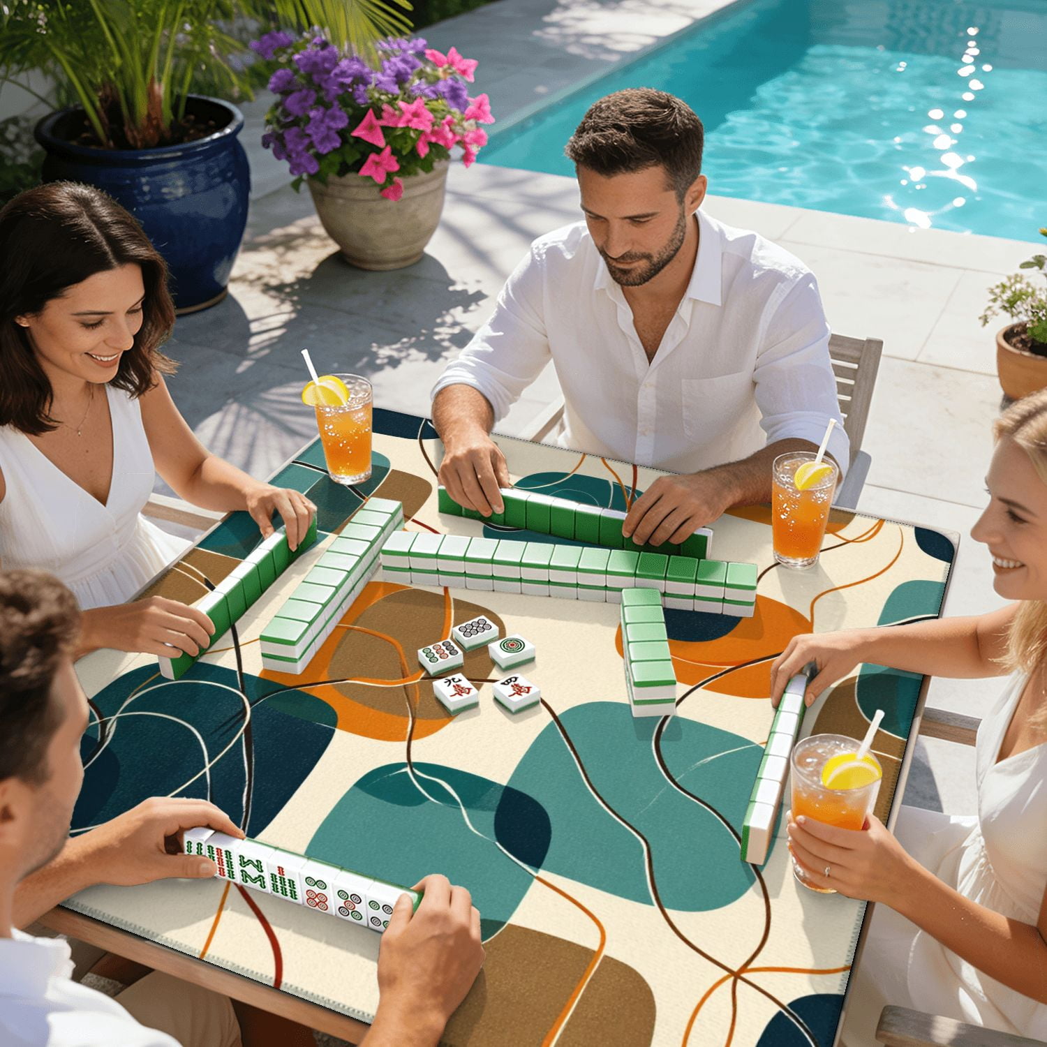 Mahjong Mat 31.5" x 31.5" Abstract Mid Century Modern Geometric Retro Shapes Teal Orange Beige Non-Slip Noise Reduction American Mahjong Tiles Table Cover for Dominoes Poker Card Board Games Gift