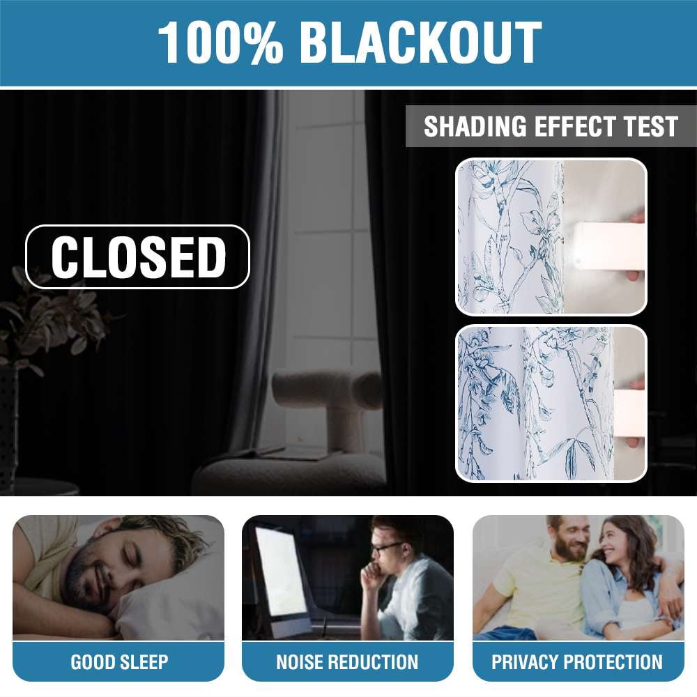 H.VERSAILTEX 100% Blackout Curtains Camellia Floral Printed Drapes Leah Floral Thermal Bedroom Curtains for Living room with Black Liner 2 Panels,52" x 84",Stone Blue