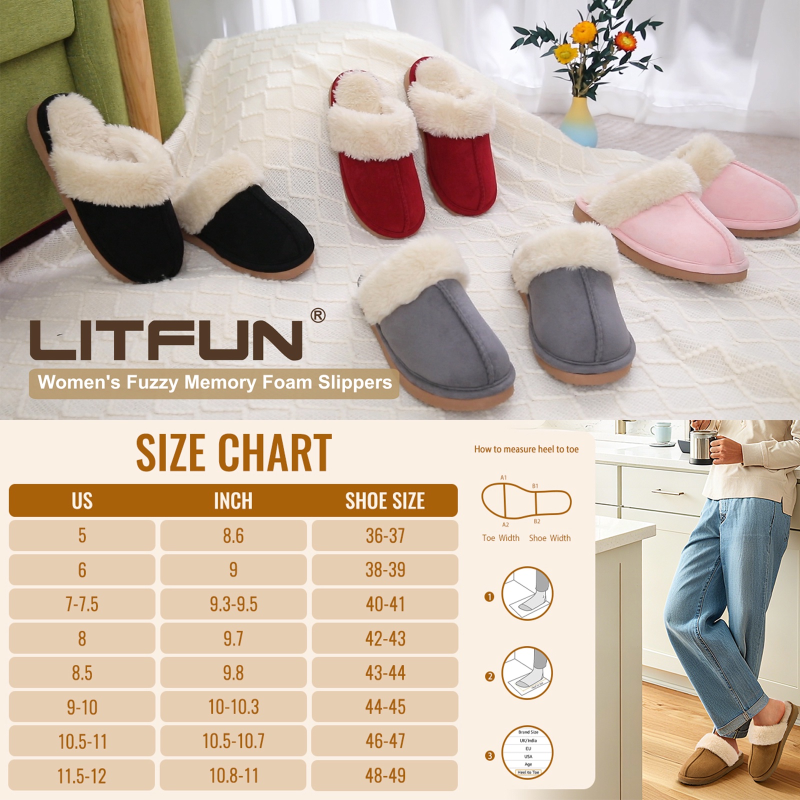 Litfun Women's Fuzzy Memory Foam Slippers, Brown photo 5