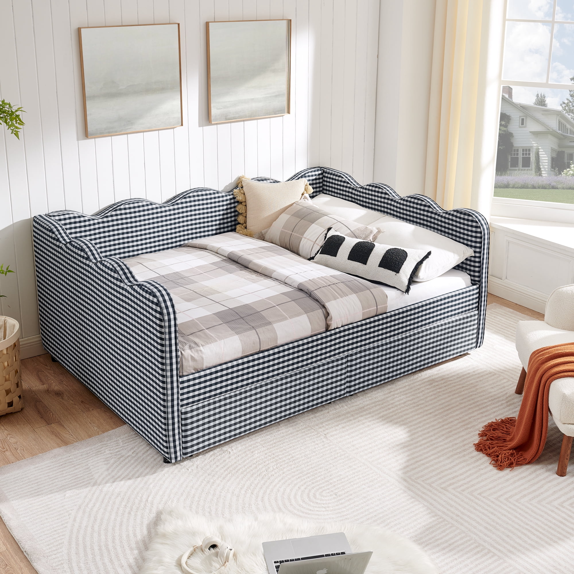 Full Size Daybed with Storage Drawers and USB Port, Upholstered Linen Sofa Bed Frame with Wave Design, Kids Guest Bed for Bedroom Living Room, Navy Blue