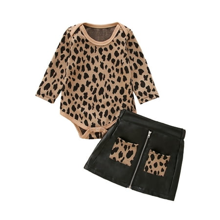 

Yinyinxull Toddler Baby Girls Clothes Leopard Long Sleeve Sweater Romper Zipper PU Leather Skirts Warm Outfit Leopard Print 18-24 Months