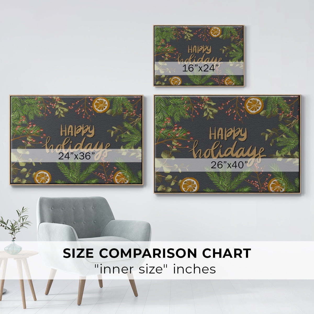 Holiday Sentiment II - Framed Gallery Wrapped Holiday Canvas - 17 x 25 - Natural Wood Frame