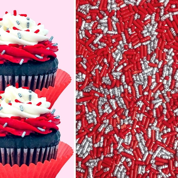 Sprinkle Deco® Red and Silver Cake Pop Cookie Cupcake Cakes Semi-Sweet Edible Confetti Decorations Sprinkles Desert Jimmies Toppers