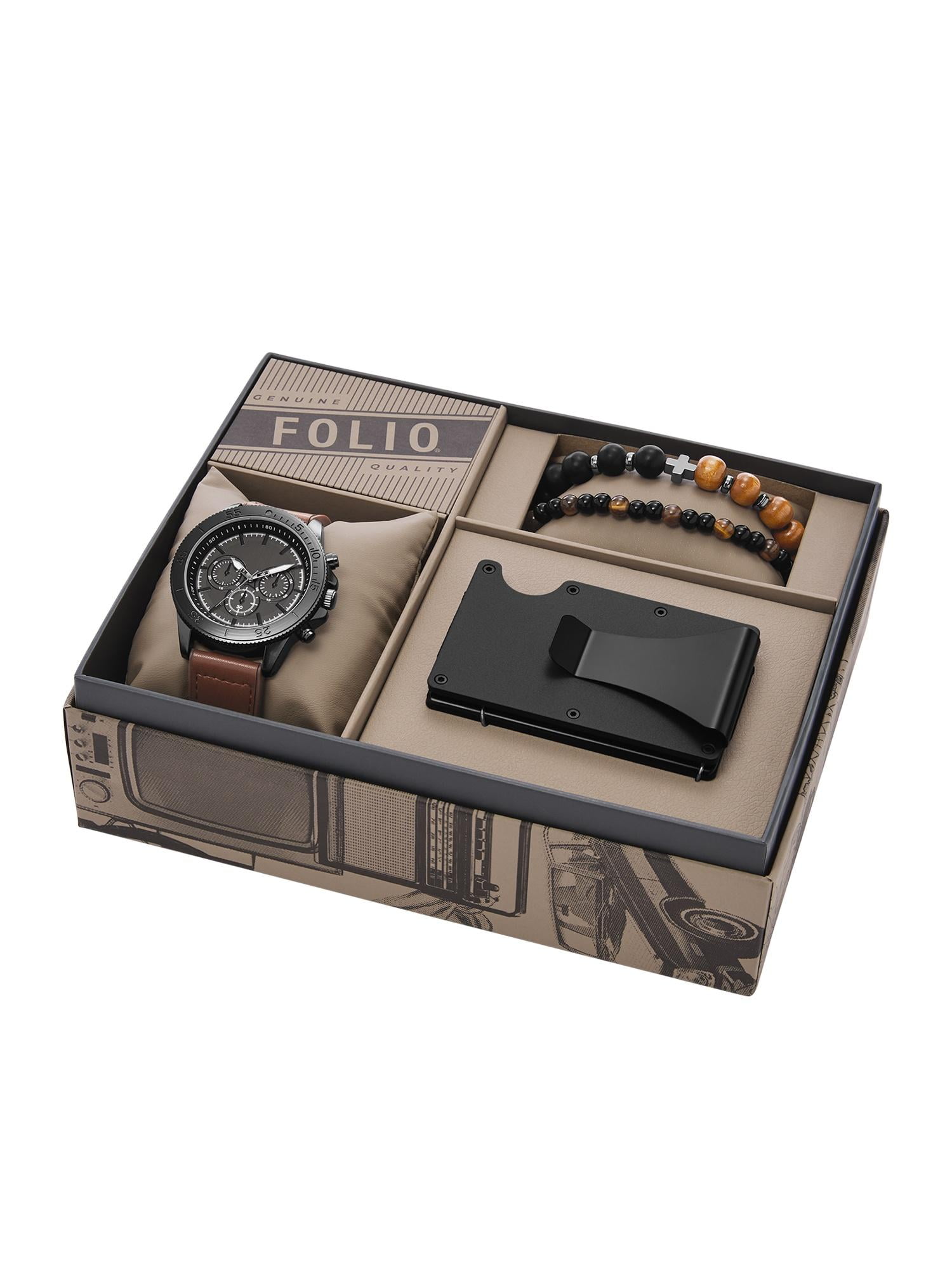 Folio Men's Watch Gift Set; Gunmetal Tone Round Case and Dial