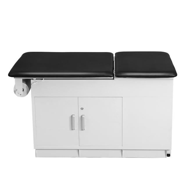 KFFKFF Pro Medical Exam Table featuring an adjustable backrest, black PU leather padding, and a sturdy white steel frame. Includes a locking cabinet with two drawers, a paper roll dispenser, and a retractable leg rest. Designed for medical facilities, rehabilitation centers, and beauty salons, it supports up to 500 lbs and offers a 0°–55° reclining angle for versatile use.