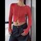 thumbnail image 5 of Blusa de Larga para Mujer, Cárdigan de Otoño, Camisa Corta con Cuello Abotonado Acanalado, Moda. Rojo L, 5 of 7