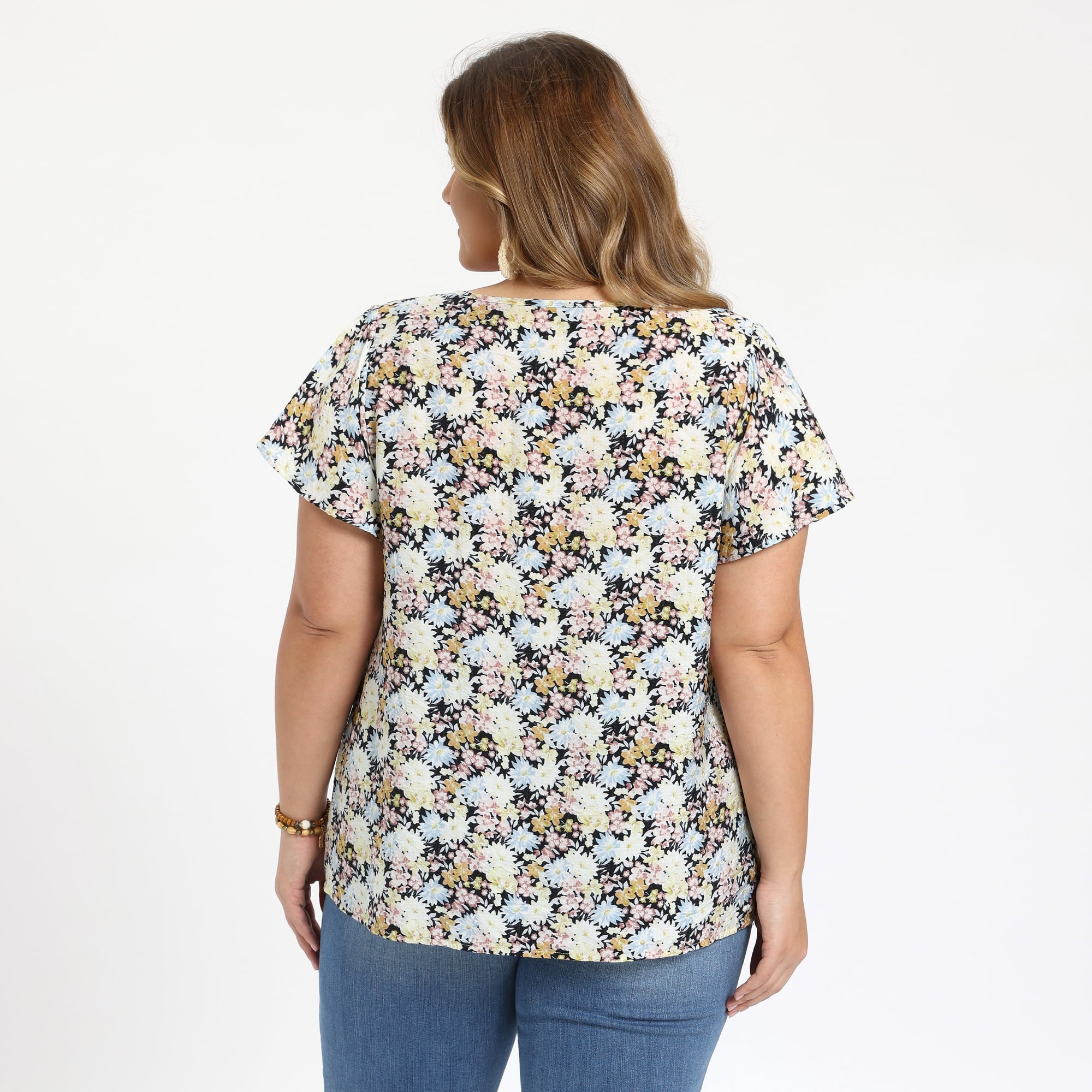 DARING DIVA Women's Plus Notch V Neck Ruffle Sleeve Floral Top 1X Black