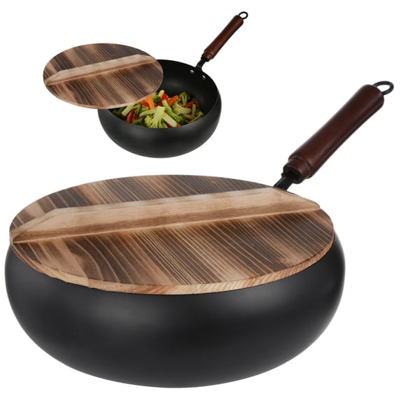 Chinese Handmade Cast Iron Wok with Wooden Lid and Heat-Proof Handle, 11 in Wok for All Stoves, No Coated Pan, Flat Bottom Pan, Easy Clean Cast Iron Pot for Home Cooking