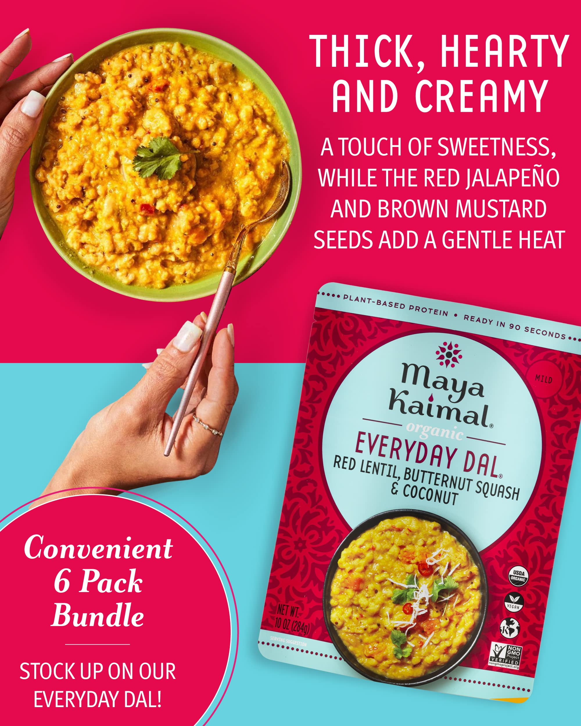 Maya Kaimal - Organic Indian Everyday Dal - Red Lentil 10oz - Fully Cooked with Butternut Squash and Coconut - Vegan - Microwavable - Ready to Eat Meals- Pack of 6