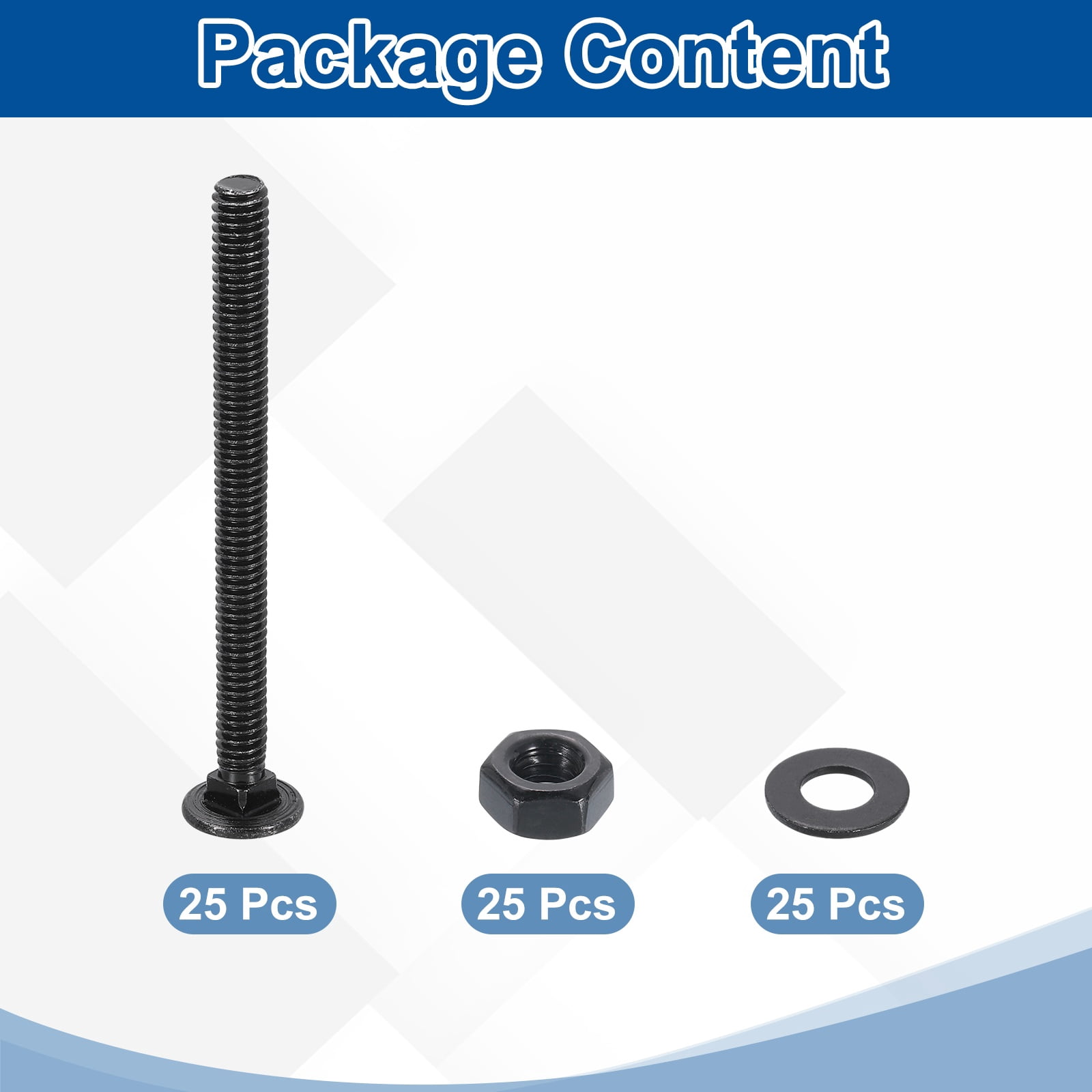 25 Set Carriage Bolts and Nuts Kit, 1/4"-20x2-1/2" Stainless Steel 304 Round Head Square Neck Carriage Bolts Screws and Hex Nuts and Flat Washers - Black