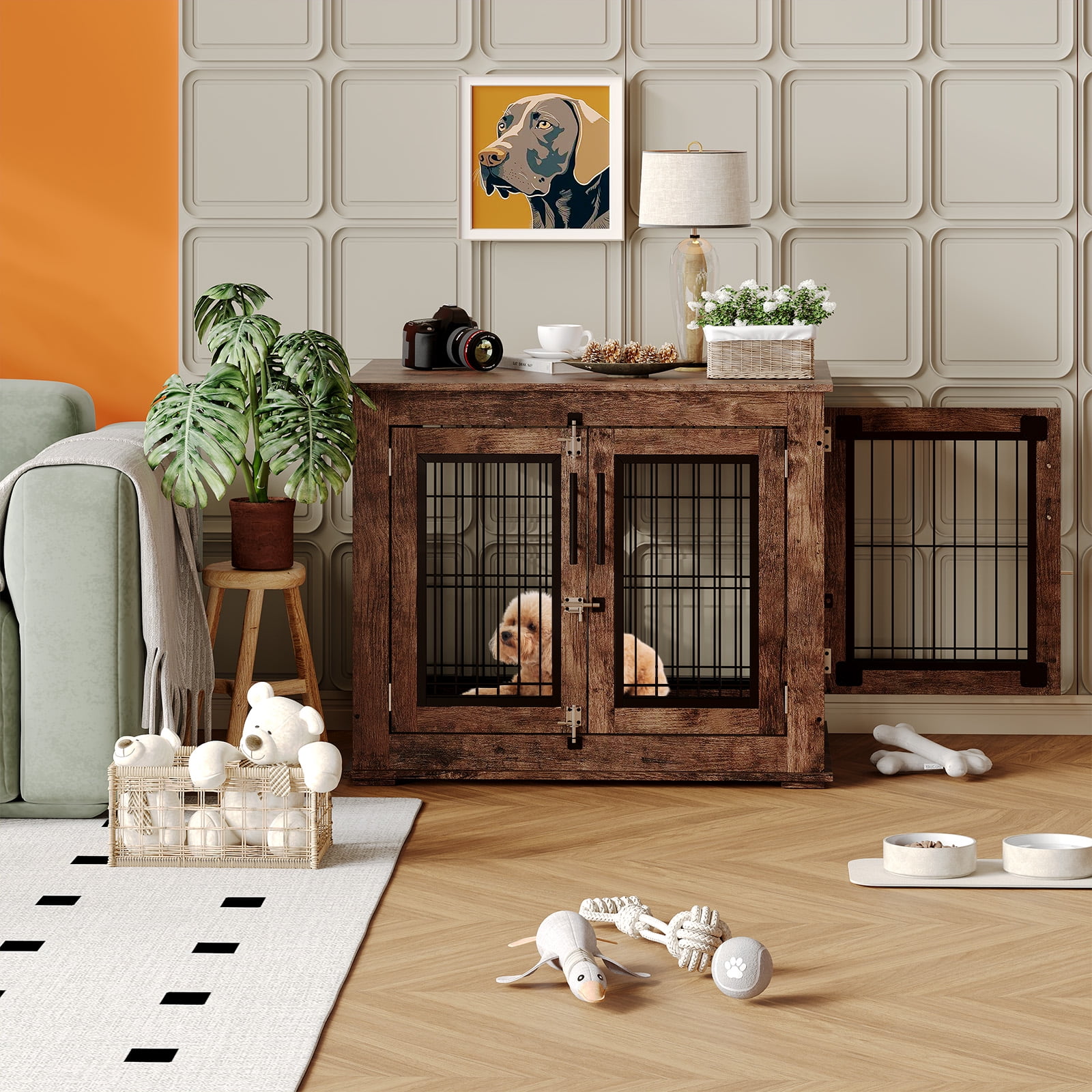 Home Heavy Duty Wooden Farmhouse Dog Crate Furniture with Double Doors, 31 Inch Wooden Dog Kennel End Table for Small / Medium Dogs, Dog House Cage Anti-Chew Pet Furniture