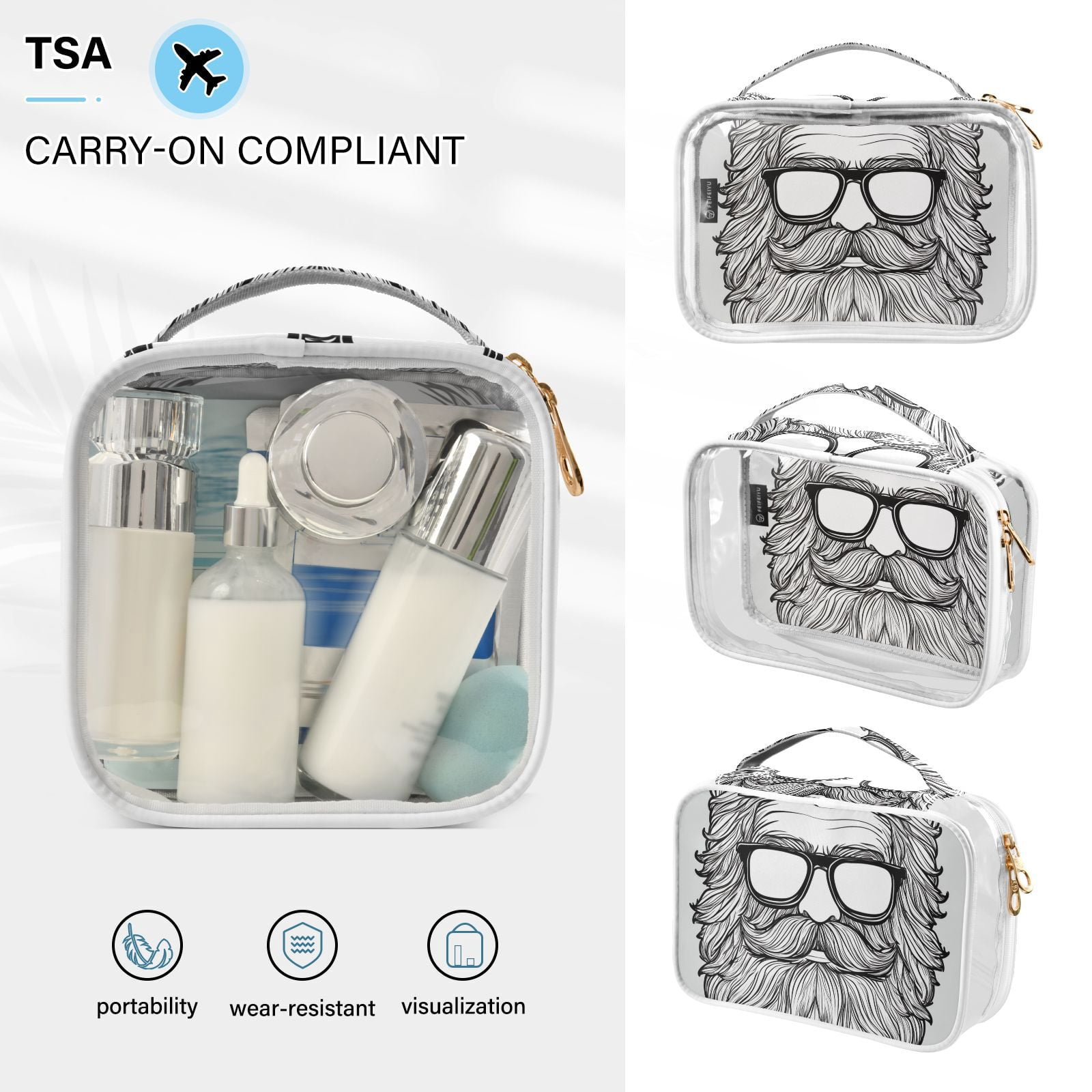 Clear Makeup Bags with Handle Large Opening 2 Pack Set Toiletry Bag Quart Size Bag, for Women Man Traveling Travel Essentials, Toiletries and Other. Beard Man