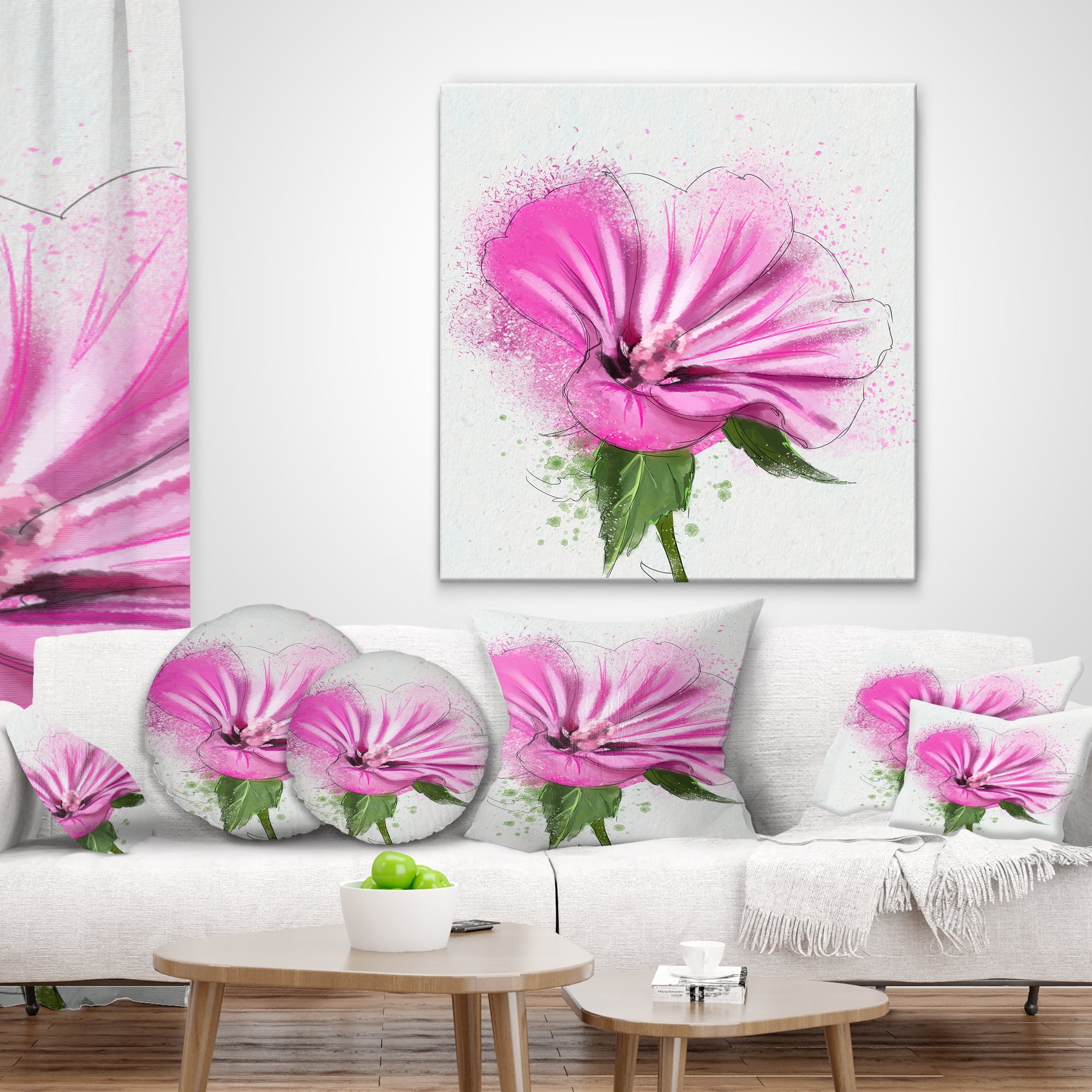 Designart Full Bloom Pink Flower with Leaves - Floral Throw Pillow - 12x20