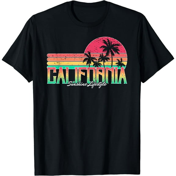 Summer California T shirt Vintage Sunset TShirt Palm Tree T-Shirt Black Large