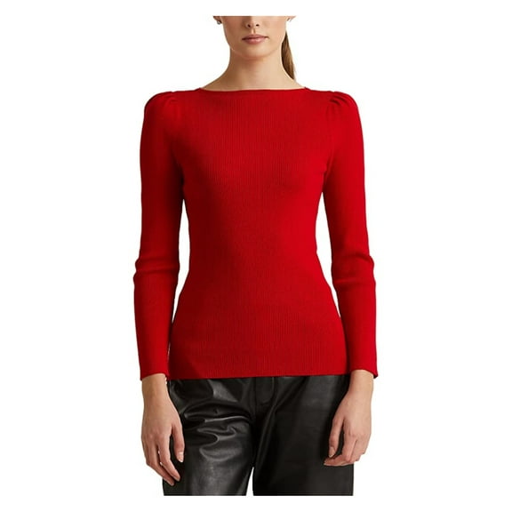LAUREN RALPH LAUREN Womens Red Stretch Ribbed Button Detail Sleeve Pouf Sleeve Boat Neck Sweater XL