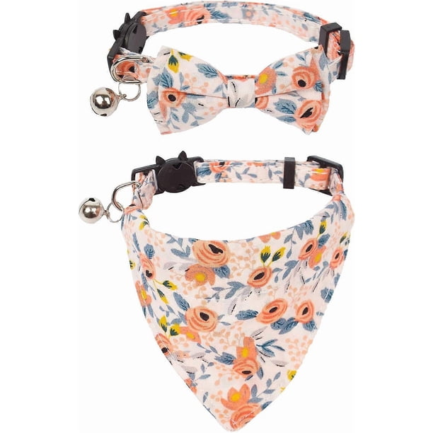 Cat Collar With Bow Tie Bandana, Kitten Collar With Removable Bowtie Bandana Cute Flower Pattern Cat Bowtie Bandana Collar For Cat Puppy-Pink