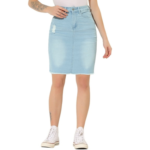 INSPIRE CHIC Denim Skirt for Women's Casual Distressed Knee Length Jeans Skirts XS Light Blue