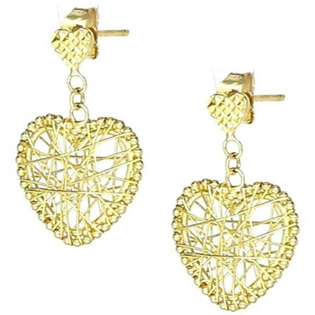 American Designs 14kt Yellow Gold Diamond-Cut Dangle and Drop Mesh Love Heart Gold Wire-Wrapped Post Earrings