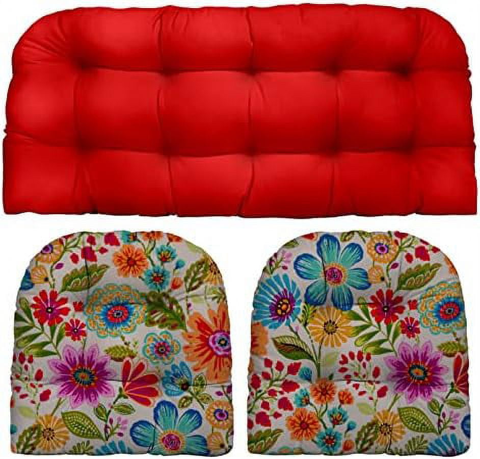 Indoor Outdoor 3 Piece Tufted Wicker Cushion Set, (Standard, Red