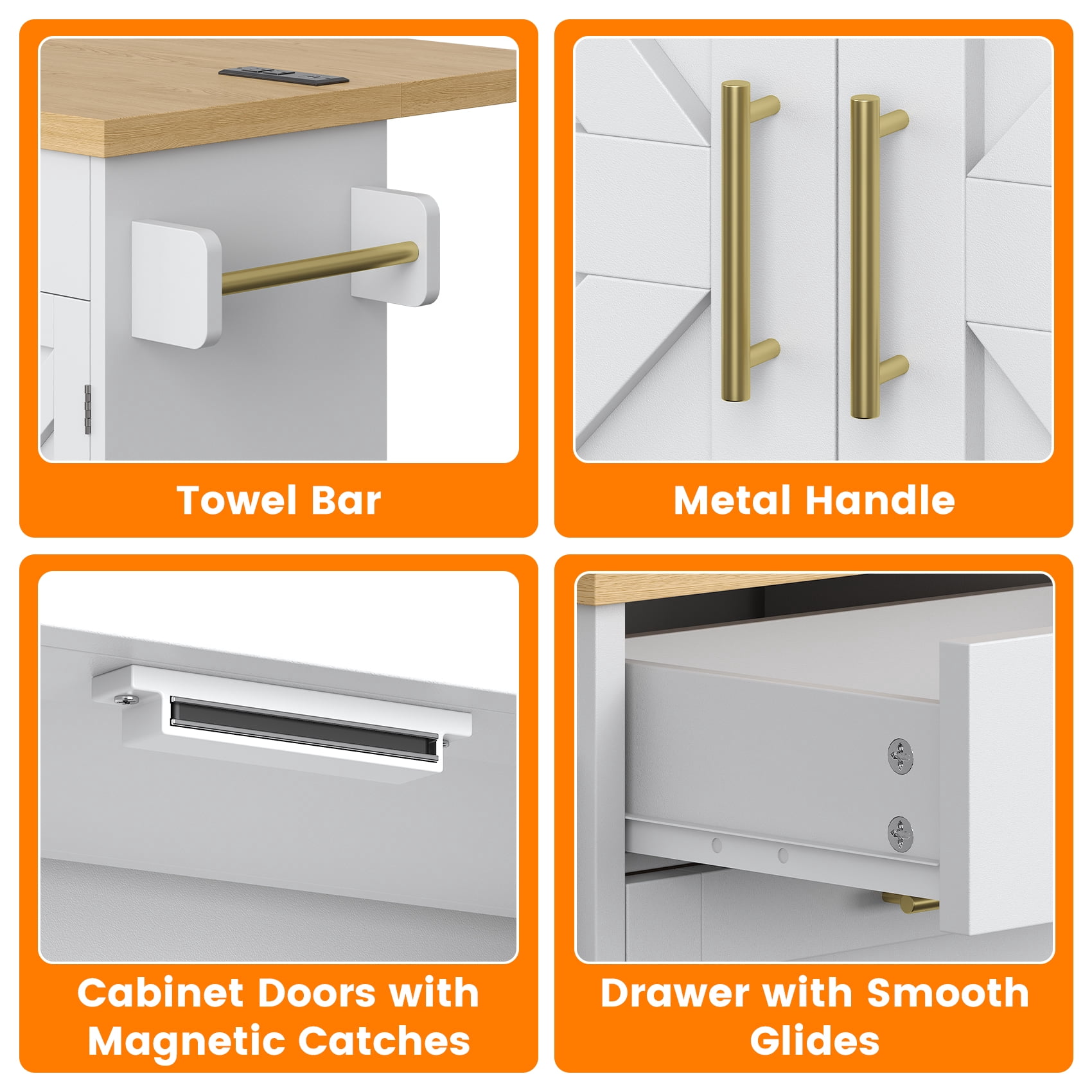 Meteorleg Kitchen Island with Power Outlets & Trash Cabinet, 2 Drawer Modern Buffet Cabinet Sideboard Coffee Bar for Dining Room Living Room, White