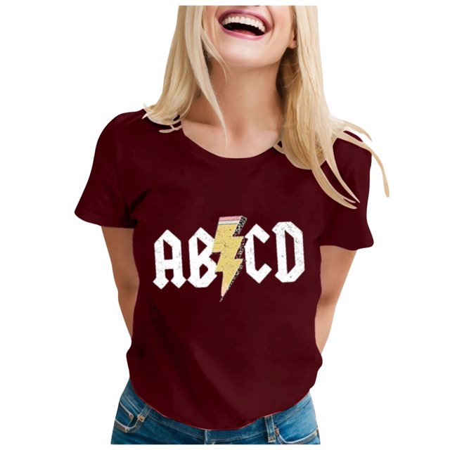 iTNHFP T-Shirt pour Femmes Abcd Teacher Shirt Femme Rock Lettre Graphique T-Shirt Drôle Lettre Imprimée Rentrée des Classes Manches Courtes T-Shirt Haut