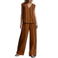 thumbnail image 2 of Maqroz Trendy Outfits for Women 2026 2 Piece Sleeveless V Neck Vertical Striped Top and Pants Set with Pockets Loose Fit Casual Outfit Vacation Travel 2026 Brown XL, 2 of 6