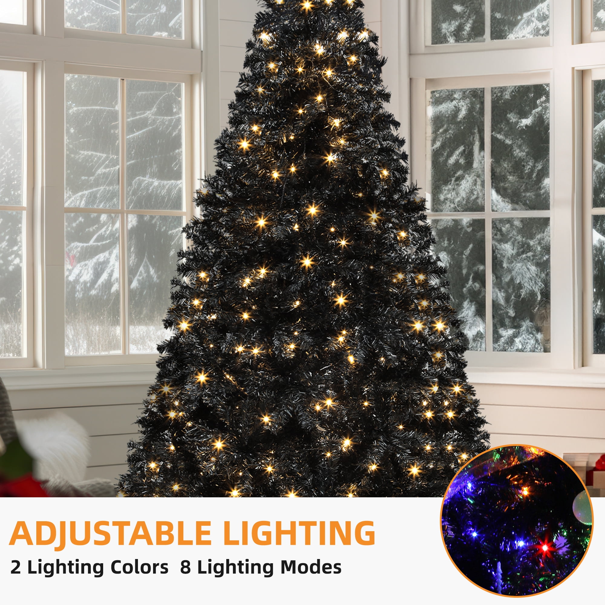 Uforic 6ft Pre-Lit Artificial Christmas Tree,Hinged Black Halloween Christmas Tree with 818 Branch Tips and 250 Lights,Black