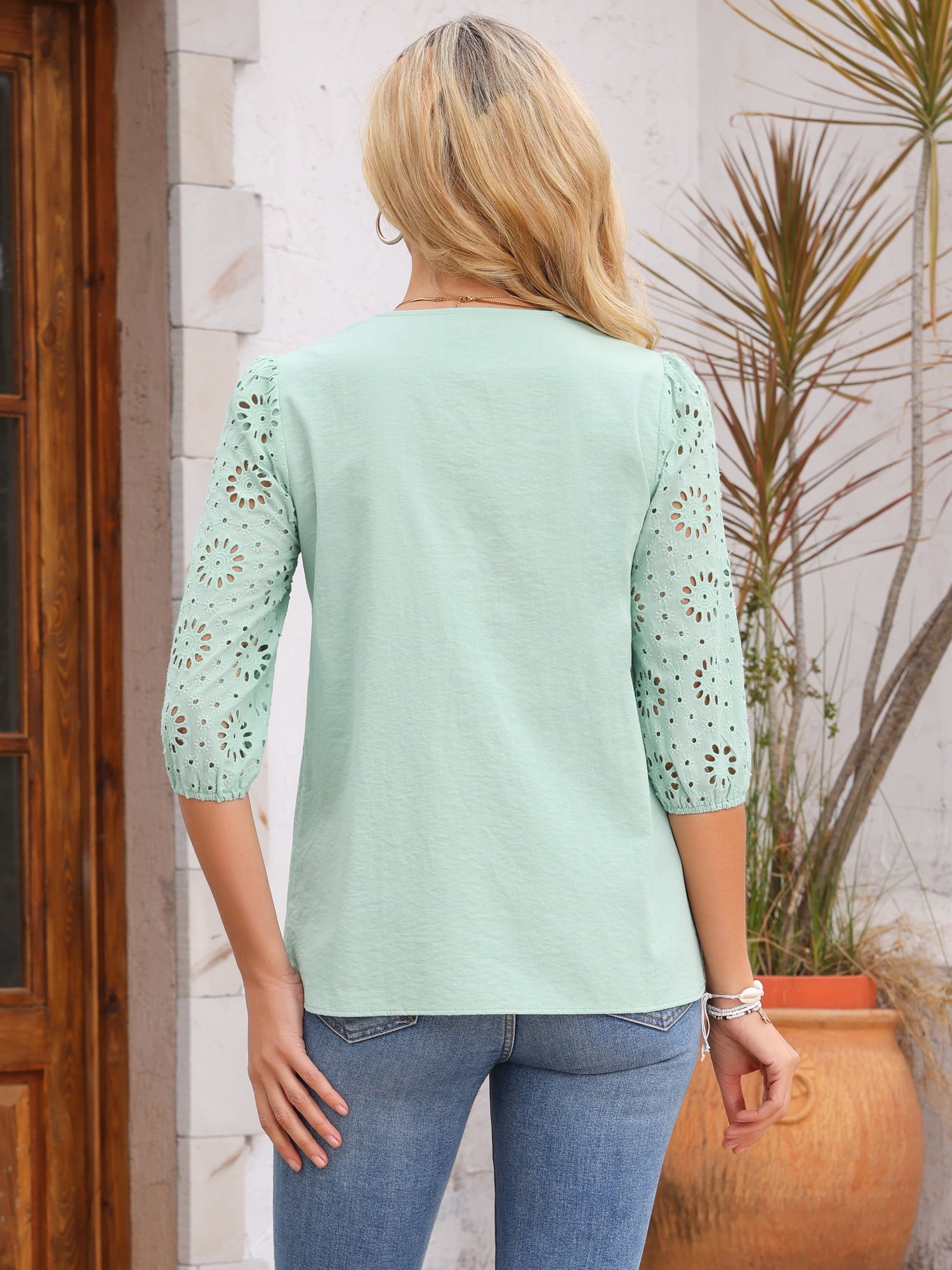 DARING DIVA Women's Eyelet 3/4 Sleeve V Neck Peplum Tops Pleated Shirts L Mint Green