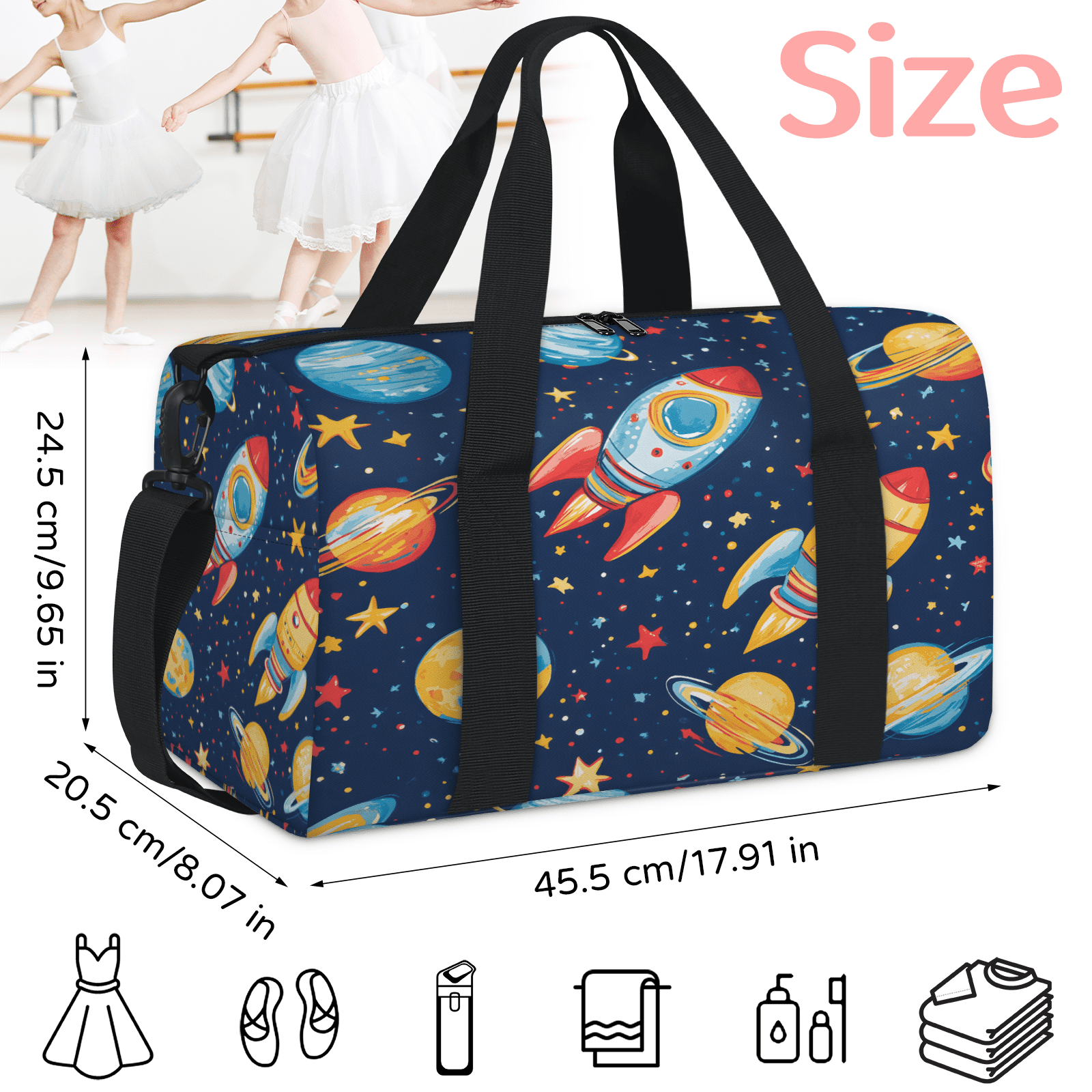 Herdesigns Universe Planet Rocket Gym Bag for Women, Duffle Bag for Travel Sport, Outer Space Lightweight Waterproof Carry on Weekender Dance Yoga Workout Bags