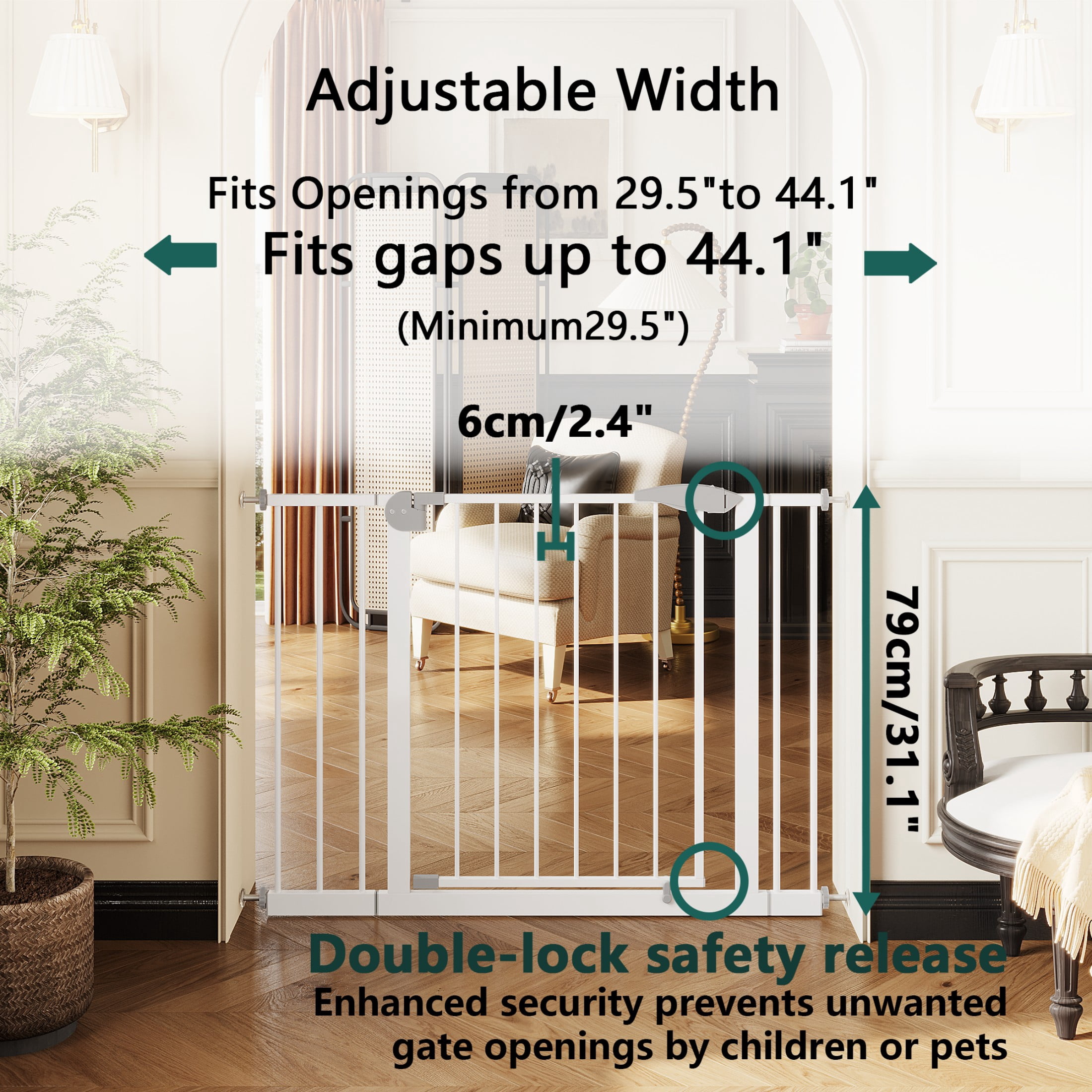 Alvantor White Pressure Mounted Safety Baby Gate, Adjustable 29.5-44.1 Inches Wide, No Drilling Required