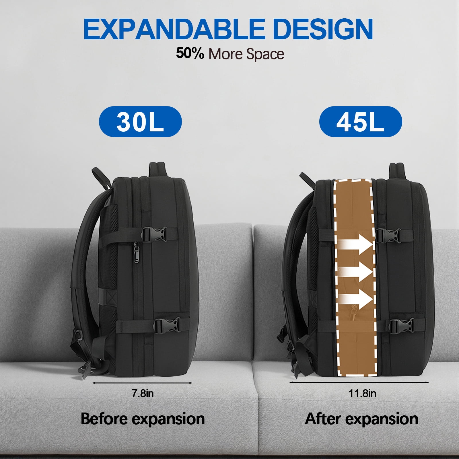 Fenbeli 45L Expandable Travel Laptop Backpack, Water-Resistant Business Backpack with USB Charging Port
