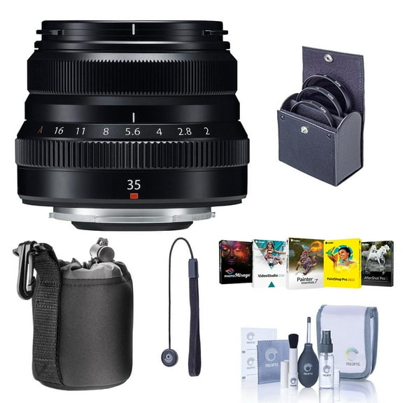 Fujifilm XF 35mm f/2 R WR Lens, Black, Bundle with 43mm Filter Kit, Lens Case, Cleaning Kit, Lens Cap Tether, PC Software Kit