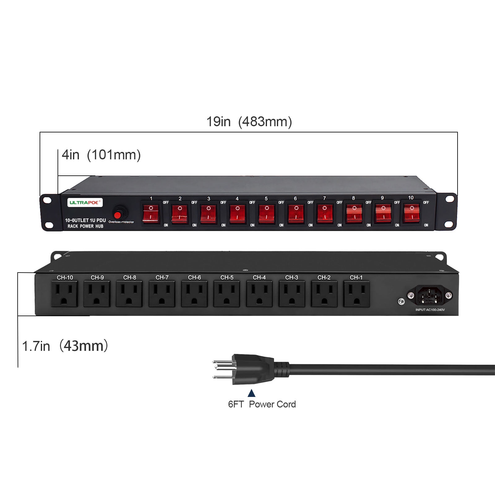 ULTRAPOE PDU Power Strip Surge Protector, 10-Outlet, 1U Network-Grade, Full Metal, Rackmount