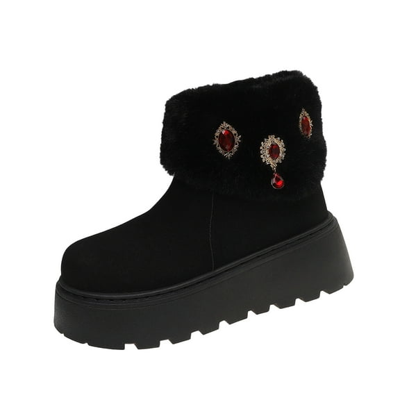 Black Women'S Snow Boots With Jewel Embellishment And Thick Sole For Cool Weather Comfortable And Height-Enhancing