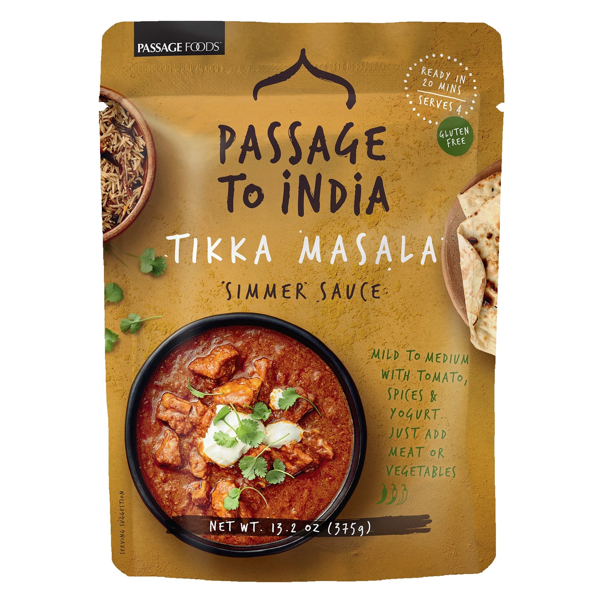 Passage to India Tikka Masala Simmer Sauce, Authentic Indian Chicken Tikka Masala Sauce, Mild Curry Sauce, Gluten-Free, Ready in 20 Min, Serves 4, 13.2 oz