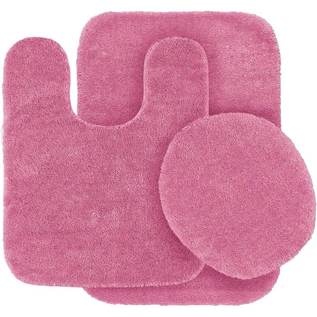 Juego de 3 alfombrillas de baño: franela de chenilla peluda de 48 x 76 cm, alfombrilla de contorno de 48 x 48 cm y tapa de inodoro de 48 x 48 cm con reverso de goma antideslizante, color rosa intenso