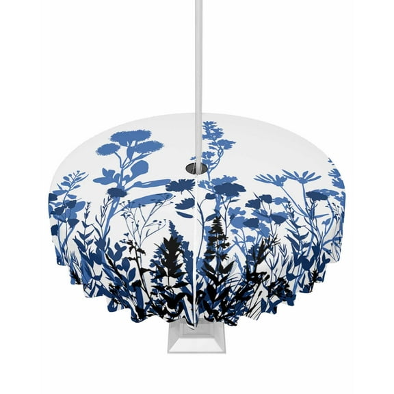 nqOlkjepod Blue Flowers Outdoor Tablecloth with Umbrella Hole & Zipper, Simple Spring Ombre Botanical Floral Round Table Cover 60 Inch, Dining Waterproof Table Cloth Protector for Patio/Party/Picnic