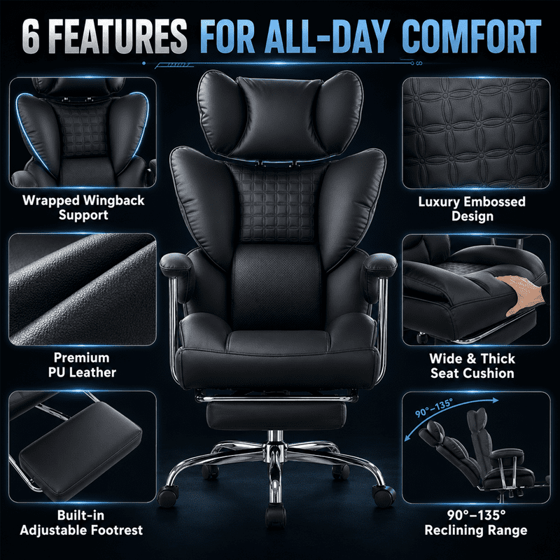 Simple Deluxe 350lbs Executive Heavy Duty Office Chair for Big & Tall, PU Leather Ergonomic Reclining Desk Chair with Footrest, Pocket Spring Cushion, Black