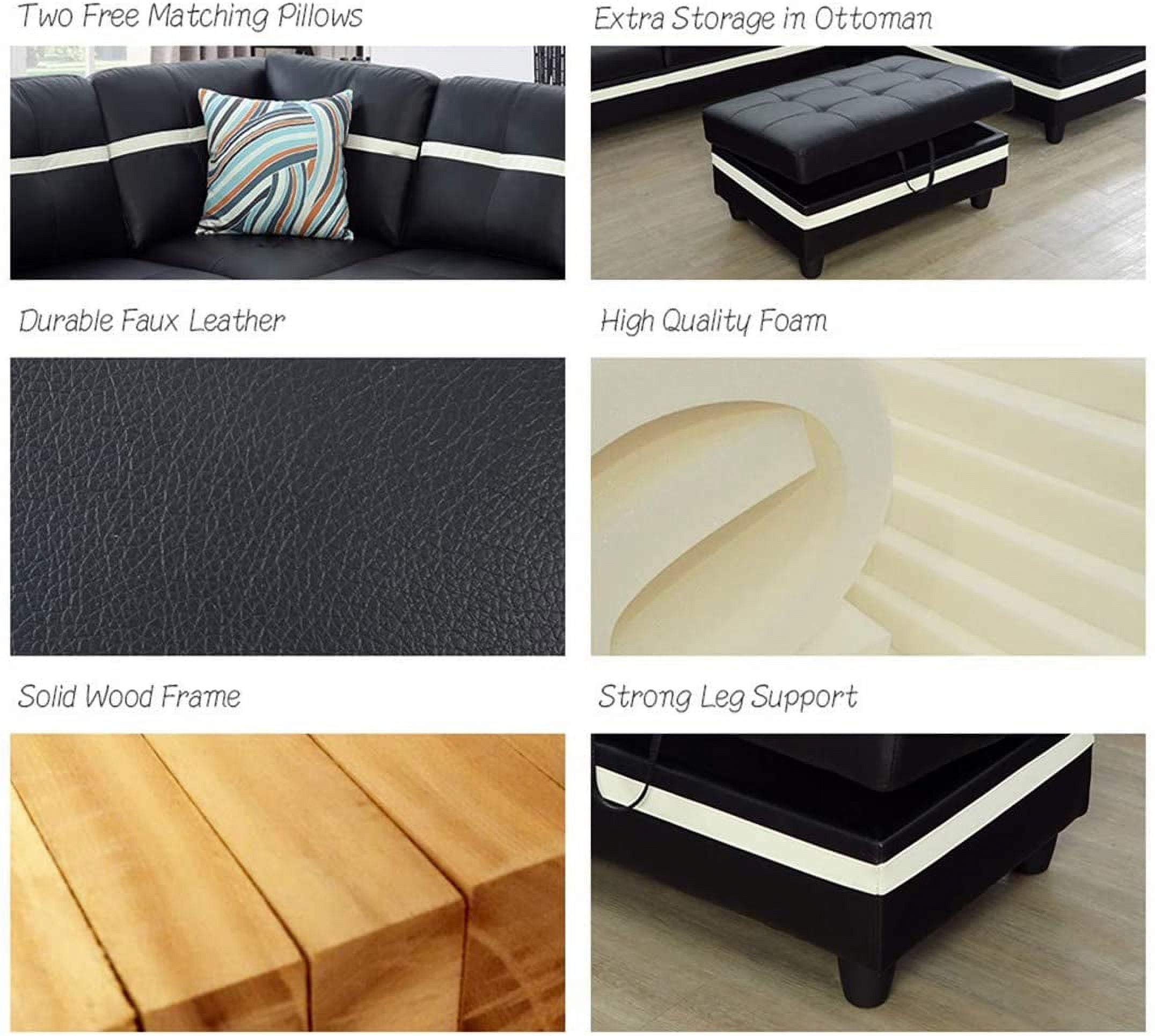Ainehome Furniture Leather Sectional Sofa, 3 Piece L Shaped Living Room Couch Sets with Chaise Storage Ottoman and Pillows