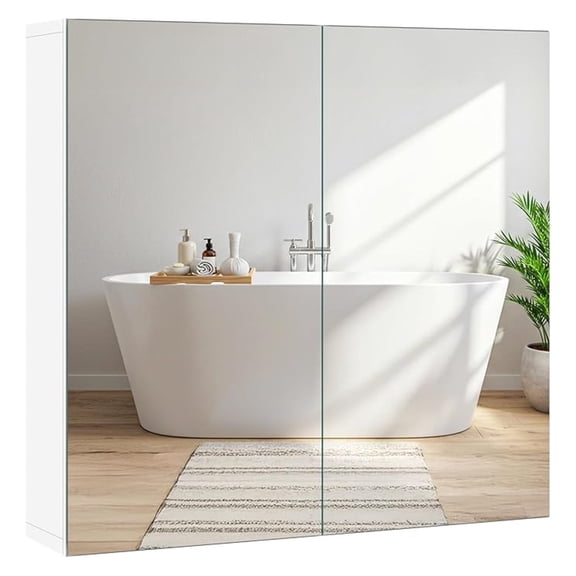 Bathroom Mirror Cabinet, Medicine Cabinet with 2 Frameless Mirrored Doors, Wall-Mounted Storage Cupboard with Adjustable Shelf for Living Room, Laundry Room, Mudroom