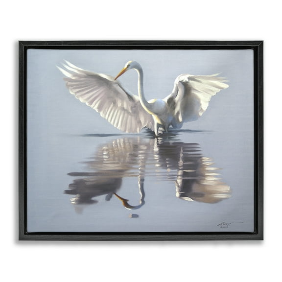 Stupell Industries Egret with Beautiful Wingspan Animals & Insects Painting Black Floater Framed Canvas Art Print Wall Art, 21 x 17