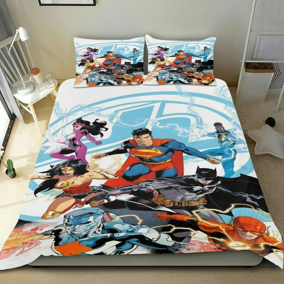 Justice League Unlimited thin bedding set has an iconic print,One duvet cover and two pillowcases.35" x 75"（90*190cm）