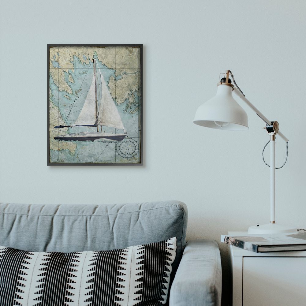 Stupell Industries Vintage World Map Sail Boat Ocean Coast Painting Framed Giclee Texturized Art by Art Licensing Studio